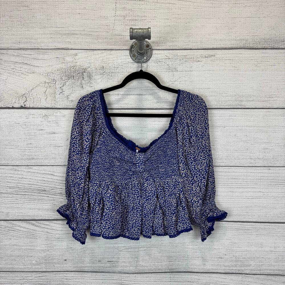 Free People Women's Blue Brittnee Print Smocked Back Peplum Top Size Small